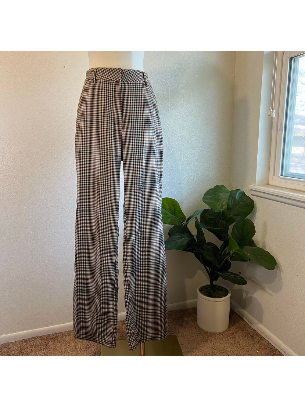 Lulu's Brown Plaid Print High Rise Flared Trouser Pants Size Medium